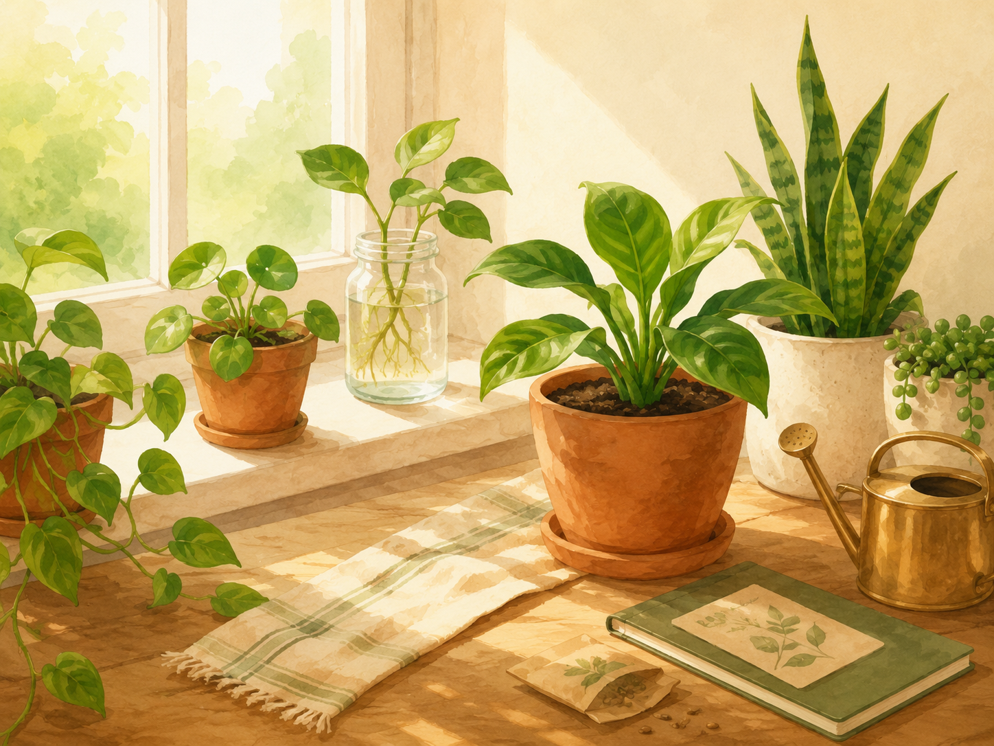 A window ledge with plants, cuttings, and a watering can