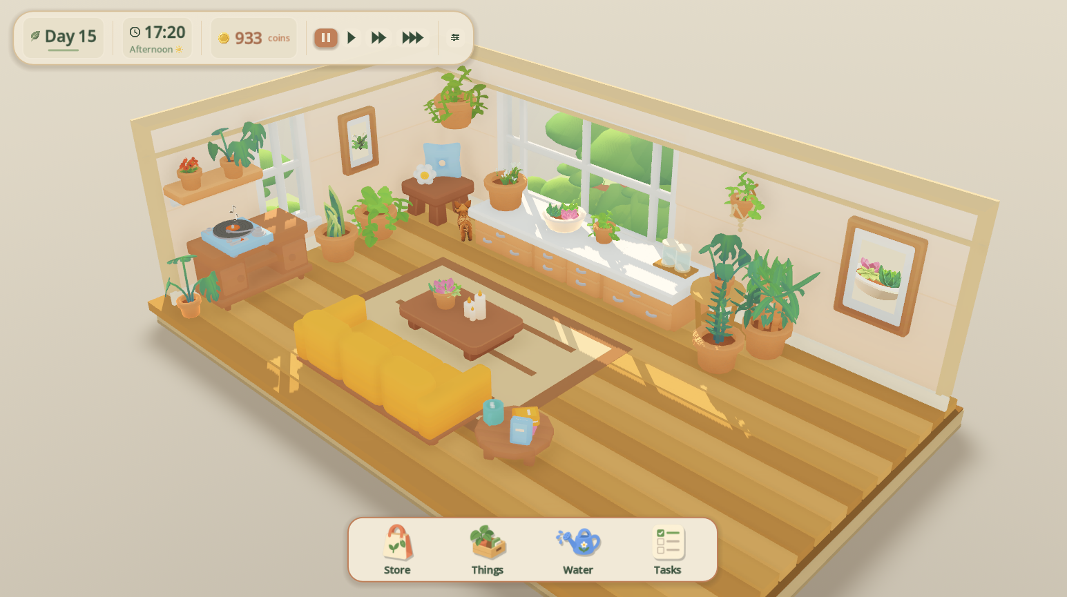 A sunlit, fully decorated room with plants, music, and a sleeping cat in Tending